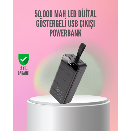 50.000 mAh Ultra Güçlü Powerbank 4 USB Çıkışlı, LED Dijital Göstergeli, Hızlı Şarj Destekli Taşınabilir Şarj Cihazı