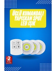 Yapışkanlı 3'lü Spot Led Işık Lamba Montajsız Pilli Uzaktan Kumandalı