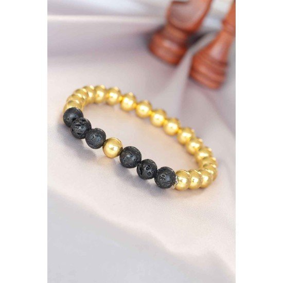 Lav Doğal Taş Detaylı Hematit Gold Renk Erkek Bileklik Lav Doğal Taş Detaylı Hematit Gold Renk Erkek Bileklik