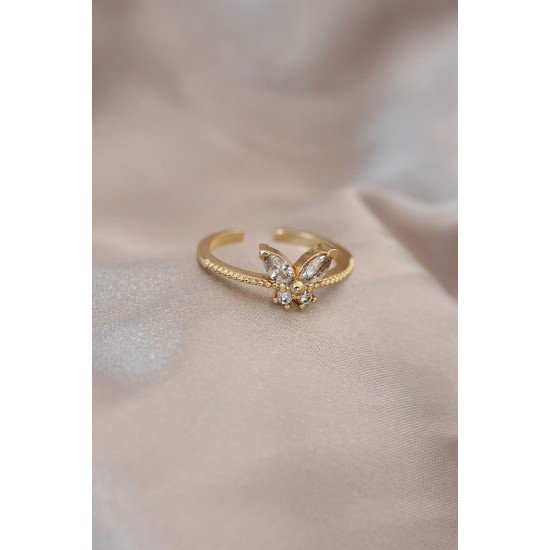 Ayarlamalı Altın Renk Metal Zirkon Taş ve Kristal Taşlı Kelebek Model Yüzük Ayarlamalı Altın Renk Metal Zirkon Taş ve Kristal Taşlı Kelebek Model Yüzük