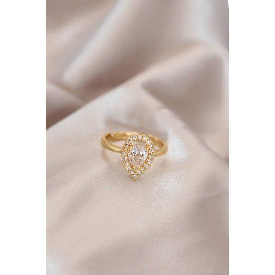 Ayarlamalı Gold Renk Metal Zirkon Taşlı Damla Model Yüzük Ayarlamalı Gold Renk Metal Zirkon Taşlı Damla Model Yüzük