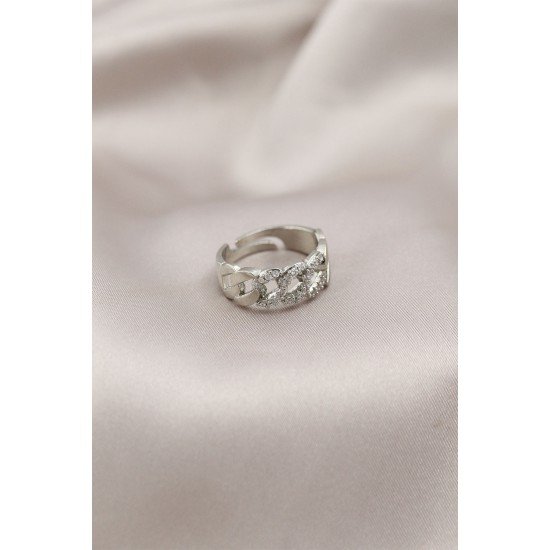 Gümüş Renk Metal Zincir Model Taşlı Kadın Yüzük Gümüş Renk Metal Zincir Model Taşlı Kadın Yüzük