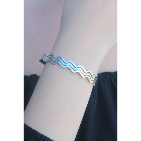 316L Kararmaz Çelik Gümüş Renk Dalga Model Kelepçe Kadın Bileklik