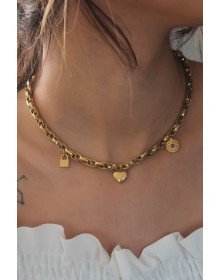 Çelik Gold Renk Kalın Zincir Model Kalp Figür Kadın Kolye