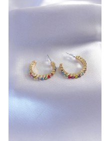 Gold Renk Yarım Halka Model Renkli Kristal Taşlı Kadın Küpe