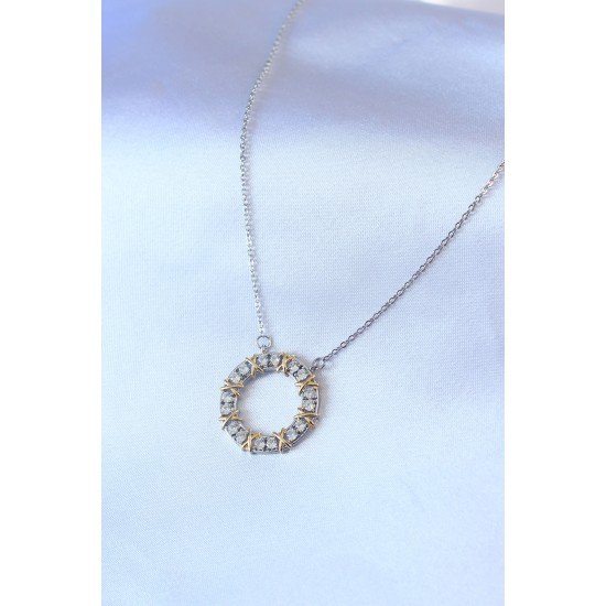 316L Çelik Gümüş Renk Zirkon Taşlı Gold Detay Xoxo Kadın Kolye 316L Çelik Gümüş Renk Zirkon Taşlı Gold Detay Xoxo Kadın Kolye