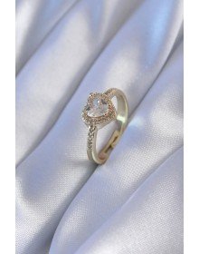 Gold Renk Zirkon Taşlı Kalp Model Pirinç Charm Kadın Yüzük