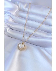 316L Çelik Gold Renk İncili Kalp Model Zirkon Taşlı Kadın Kolye
