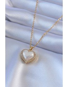 316L Çelik Gold Renk İncili Kalp Model Zirkon Taşlı Kadın Kolye