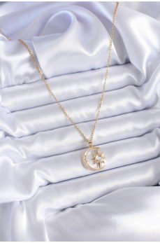 316L Çelik Gold Renk Zirkon Taşlı Ay Yıldız Model Kadın Kolye