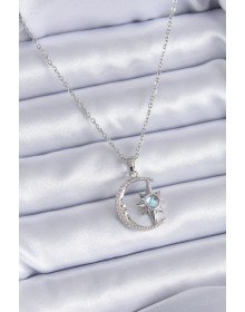 316L Çelik Gümüş Renk Zirkon Taşlı Ay Yıldız Model Kadın Kolye