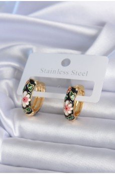 Pirinç Gold Renk Siyah Çiçek İşleme Kadın Küpe