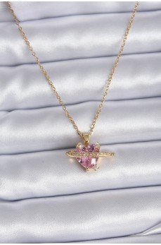316L Çelik Gold Renk Zincir Pembe Kristal Kalp Model Zirkon Taş Detay Kadın Kolye
