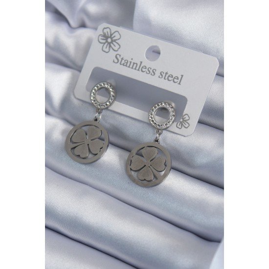 316L Çelik Gümüş Renk Zirkon Taşlı Yonca Model İşleme Detay Kadın Küpe 316L Çelik Gümüş Renk Zirkon Taşlı Yonca Model İşleme Detay Kadın Küpe