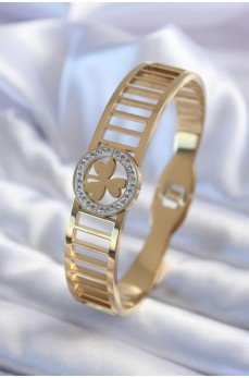 316L Çelik Gold Renk Zirkon Taşlı Yonca Model Kadın Kelepçe