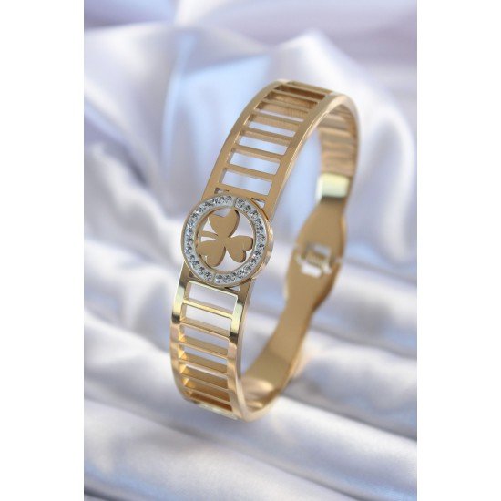 316L Çelik Gold Renk Zirkon Taşlı Yonca Model Kadın Kelepçe 316L Çelik Gold Renk Zirkon Taşlı Yonca Model Kadın Kelepçe