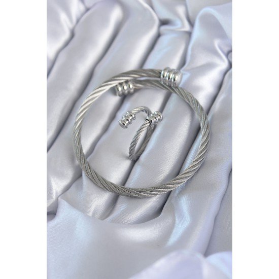 316L Çelik Gümüş Renk Sarmal Model Erkek Bileklik Yüzük Kombini