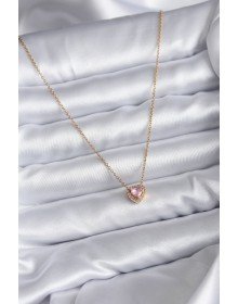 316L Çelik Zincir Gold Renk Pembe Zirkon Taşlı Charm Kadın Kolye