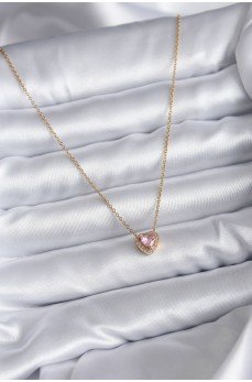 316L Çelik Zincir Gold Renk Pembe Zirkon Taşlı Charm Kadın Kolye