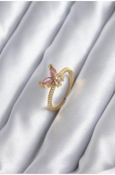 Gold Renk Pembe Zirkon Taşlı Kelebek Model Kadın Yüzük
