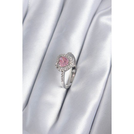 Pirinç Gümüş Renk Pembe Zirkon Taş Kalp Charm Model Kadın Yüzük Pirinç Gümüş Renk Pembe Zirkon Taş Kalp Charm Model Kadın Yüzük