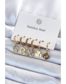 316L Çelik Gold Renk Çoklu Figür Model Kadın Küpe Seti