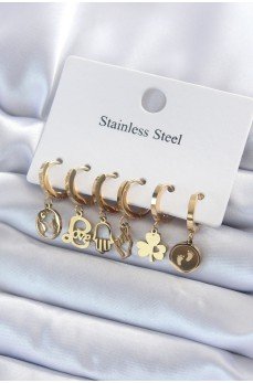 316L Çelik Gold Renk Çoklu Figür Model Kadın Küpe Seti