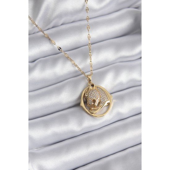 316L Çelik Gold Renk Zirkon Taşlı Jaguar Model Kadın Kolye