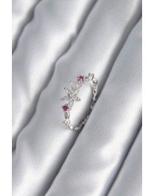Pirinç Gümüş Renk Zirkon Taşlı Çiçek Model Pembe Zirkon Taş Detay Kadın Yüzük