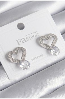 Pirinç Gümüş Renk Zirkon Taşlı Kalp Model Damla Zirkon Taş Detay Kadın Küpe