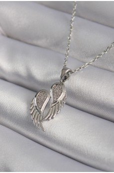 316L Çelik Gümüş Renk Zirkon Taşlı Kanat Model Kadın Kolye
