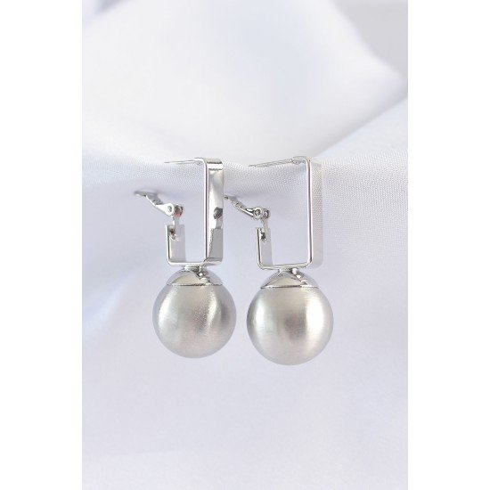 Pirinç Gümüş Renk Dikdörtgen Detay Oval Küpe Pirinç Gümüş Renk Dikdörtgen Detay Oval Küpe