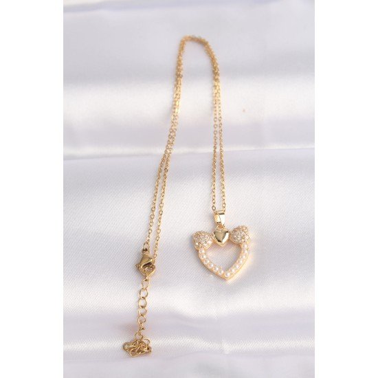316L Çelik Zincir Altın Renk İnci Taş Detay Zirkon Taşlı Kalp Kolye 316L Çelik Zincir Altın Renk İnci Taş Detay Zirkon Taşlı Kalp Kolye