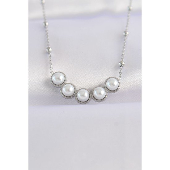 316L Çelik Zincir Gümüş Renk Sıralı İnci Taşlı Kolye 316L Çelik Zincir Gümüş Renk Sıralı İnci Taşlı Kolye