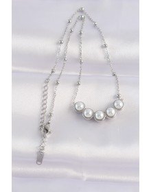 316L Çelik Zincir Gümüş Renk Sıralı İnci Taşlı Kolye