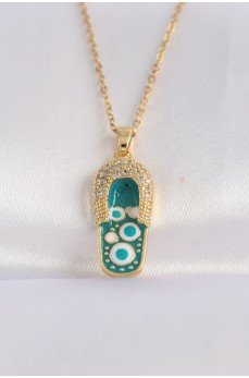 316L Çelik Zincir Zirkon Taşlı Altın Renk Nazarlı Terlik Tasarımlı Kolye