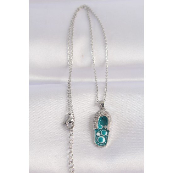 316L Çelik Zincir Zirkon Taşlı Gümüş Renk Nazarlı Terlik Tasarımlı Kolye