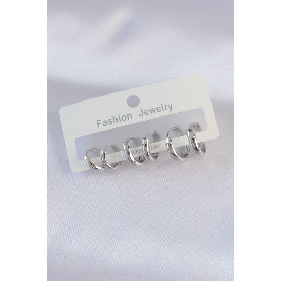 Pirinç Gümüş Renk Oval Bombeli Küpe Seti Pirinç Gümüş Renk Oval Bombeli Küpe Seti