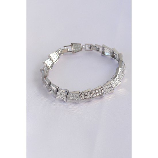 Vip Seri Pirinç Zirkon Taşlı Gümüş Renk Geometrik Bileklik