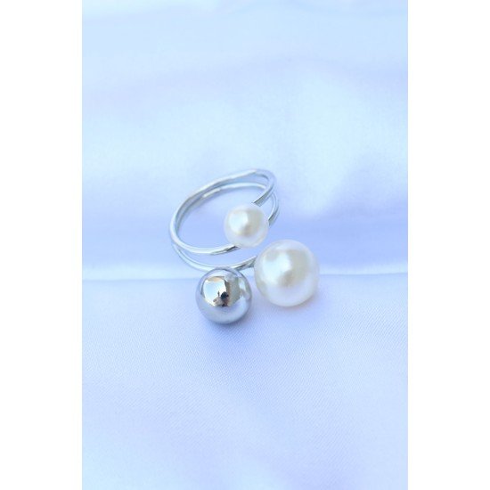 Pirinç Gümüş Renk Ayarlanabilir İnci Taşlı Yüzük Pirinç Gümüş Renk Ayarlanabilir İnci Taşlı Yüzük