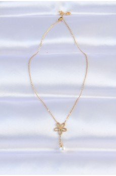 316L Çelik Zincir Gold Renk İnci Detay Çiçek Kolye