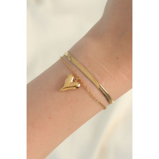 316L Çelik Gold Renk İtalyan Zincirli Kalp Model Bileklik 316L Çelik Gold Renk İtalyan Zincirli Kalp Model Bileklik