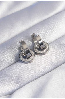 316L Çelik Gümüş Renk Zirkon Taşlı İç İçe Geçmeli Oval Küpe