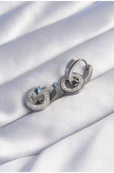 316L Çelik Gümüş Renk Zirkon Taşlı İç İçe Geçmeli Oval Küpe