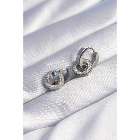 316L Çelik Gümüş Renk Zirkon Taşlı İç İçe Geçmeli Oval Küpe 316L Çelik Gümüş Renk Zirkon Taşlı İç İçe Geçmeli Oval Küpe