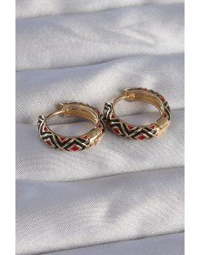 Pirinç Gold Renk Siyah Etnik Desenli Halka Küpe