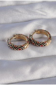 Pirinç Gold Renk Siyah Etnik Desenli Halka Küpe