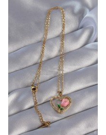 316L Çelik Zincirli Gold Renk Zirkon Taşlı Kalp İçinde Pembe Gül Tasarımlı Kolye