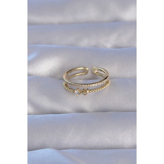 Pirinç Gold Renk Zirkon Taşlı Kalpli Su Yolu Model Ayarlanabilir Yüzük Pirinç Gold Renk Zirkon Taşlı Kalpli Su Yolu Model Ayarlanabilir Yüzük