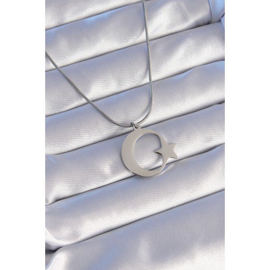 316L Çelik Gümüş Renk Ay Yıldız Model Unisex Kolye 316L Çelik Gümüş Renk Ay Yıldız Model Unisex Kolye